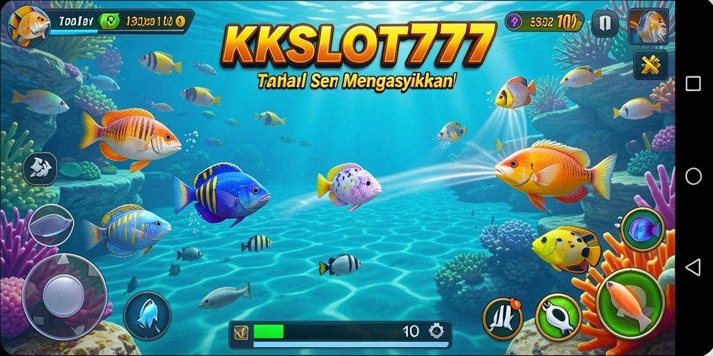 Screenshot gameplay KKSLOT777 dengan berbagai ikan yang menunggu untuk ditembak.