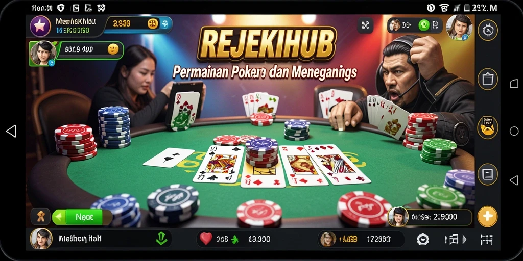 Tampilan gameplay seru di REJEKIHUB dengan kartu dan meja poker.